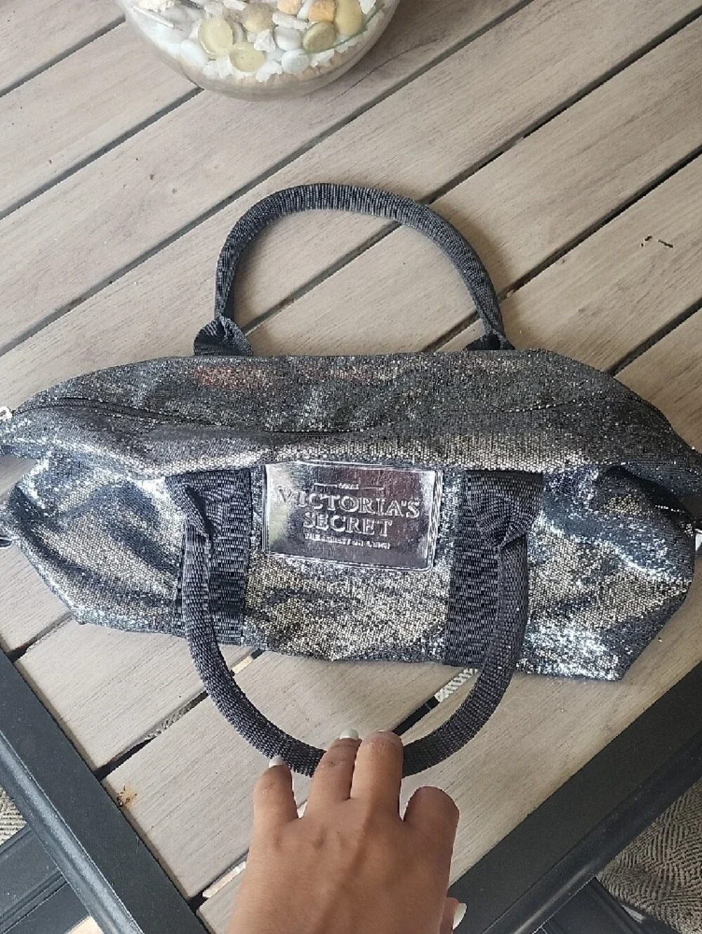 Victoria's Secret Silver Sequin Cosmetic Tote with Black Straps